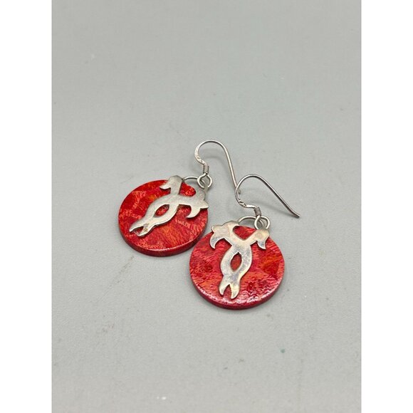 Sponge Coral Earrings Sterling Silver Apple Coral Round Pierced Dangles Drops - Picture 3 of 5